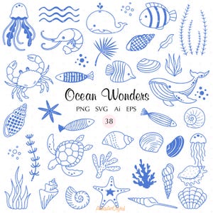 May include: A collection of blue line art illustrations featuring ocean life including a whale, jellyfish, sea turtle, crab, shrimp, various fish, seashells, starfish, coral, and seaweed. The text Ocean Wonders PNG SVG Ai EPS 38 is centered.