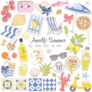 May include: A digital collection of Amalfi Summer themed illustrations including a yellow scooter, limoncello bottle, pizza, pasta, olives, lemons, seashells, a beach chair, umbrella, flip-flops, sunglasses, and blue and white patterned tiles.