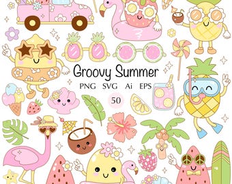 Ретро Groovy летний клипарт 50 SVG Пляжный клипарт Хиппи 70-е летние каникулы сублимация Диско Фламинго Море Милые Каваи Фрукты png