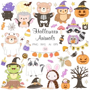 Pode incluir: Uma coleção digital de ilustrações de Halloween com animais fantasiados, incluindo um urso com traje de esqueleto, uma coruja com chapéu de bruxa e um guaxinim com um balde de abóbora. O texto diz Halloween Animals PNG SVG Ai EPS 50.