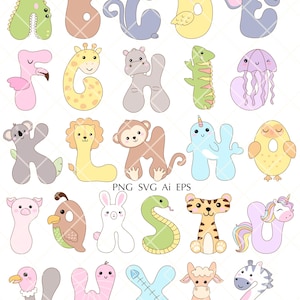Alfabeto de animales Clipart Letras lindas Educación y aprendizaje Safari Animales de madera Escuela Png SVG Paquete ABC Aprendizaje Archivos digitales para niños