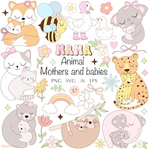 Retro Tiere Mütter und Babys Clipart 37 SVG Bundle PNG Groovy Blume Muttertag niedlich rosa Mama Vektor Sublimation Trendy Mama Tag Mama Leben