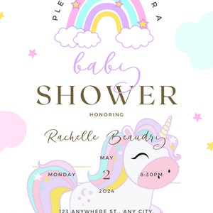 Editable rainbow unicorn birthday invitation. Magic Unicorn Party Invitation Cute Baby Rainbow Unicorn Birthday