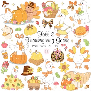 May include: A digital collection of Fall and Thanksgiving Goose illustrations featuring geese in hats, pumpkins, a wagon, a cornucopia, autumn leaves, acorns, and leopard print accents. The text Fall & Thanksgiving Goose PNG SVG Ai EPS 39 is centered.