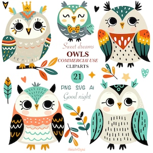 Vector clipart of adorable cute owls with different patterns and colors detailed, colorful vibrant in high resolution 21 graphic elements