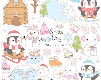 Winter Animals Clipart – Hand-Drawn Snow Party Illustrations (PNG, SVG, EPS)
