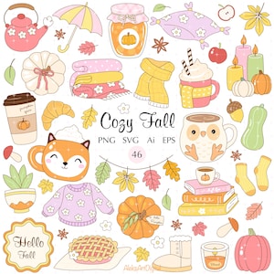 May include: A collection of fall-themed illustrations, including a teapot, umbrella, jam jar, pillow, blankets, scarf, coffee, candles, pumpkins, and a sweater. The text "Cozy Fall" is displayed in the center.