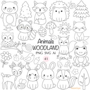 Op de afbeelding: Zwart-wit illustraties van bosdieren, waaronder een beer, een vos, een wasbeer, een uil, een hert, een konijn en een stinkdier. De afbeelding bevat bomen, bloemen en de tekst "Animals WOODLAND".