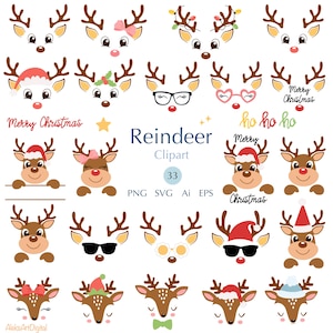 Renna SVG Clipart di Natale 33 Illustrazioni vettoriali di facce di renne carine e divertenti, illustrazioni disegnate a mano di cuccioli di cervo