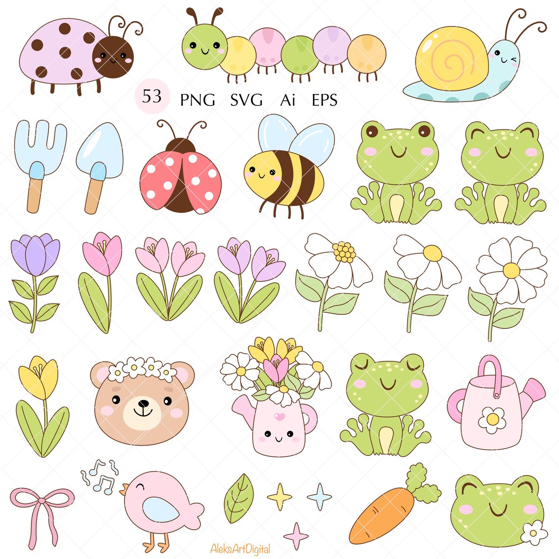 Spring Animals Clipart, Frog, Flowers, Insects (png, Svg, Ai, Eps) - Etsy