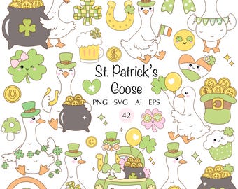 St Patrick’s Day Goose Clipart SVG, Lucky Goose PNG, Cute Irish Goose set, Shamrock St Patrick Clip Art