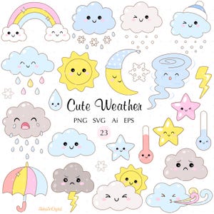 May include: A collection of cute weather-themed illustrations. Includes a rainbow, clouds, sun, moon, stars, rain, snowflakes, a tornado, lightning, an umbrella, and a thermometer. The text "Cute Weather" is also present.