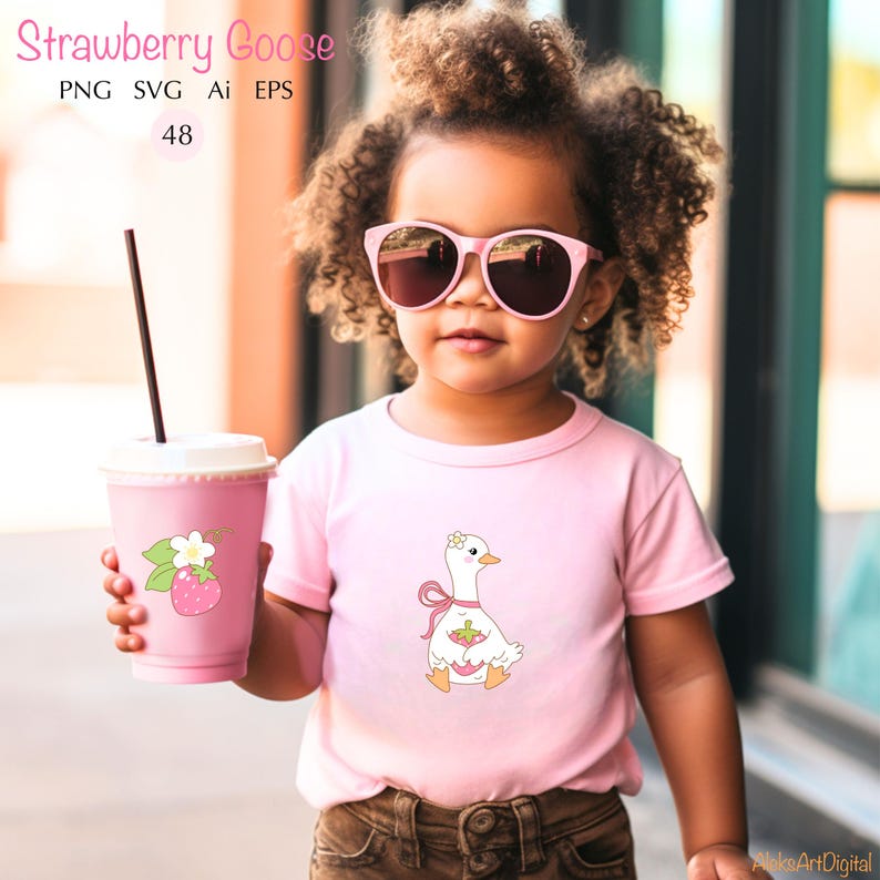 May include: A young girl wearing pink sunglasses and a pink shirt with a white goose wearing a pink bow and holding a strawberry. The goose has a pink flower on its head. The girl is holding a pink cup with a strawberry and a flower on it.