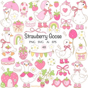Coquette fraise oie 48 cliparts SVG Oie d'été idiote PNG rétro groovy pastel Oie idiote printanière fraise fleur vector sublimation