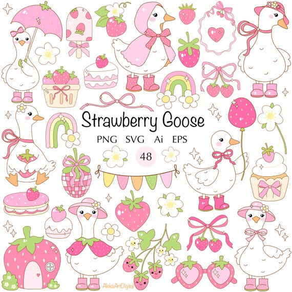 Strawberry Coquette Goose Clipart: Groovy Summer Vector (48 SVG PNG)