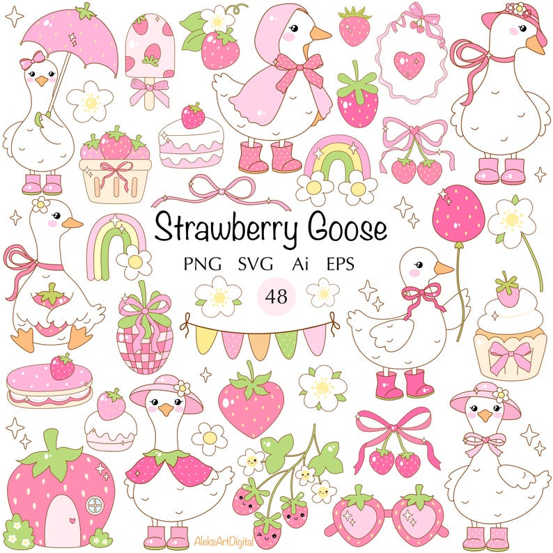 May include: A set of 48 digital clipart images featuring a cute cartoon goose with strawberries, bows, and other whimsical elements. The images are perfect for creating invitations, cards, and other crafts.