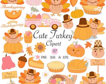 Retro Turkey Clipart, Thanksgiving Bundle (PNG, SVG, Ai, EPS)