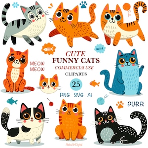 Chats mignons 25 images clipart SVG, lot de dessins de chats drôles imprimables PNG, ensemble d'illustrations graphiques pour enfants vector