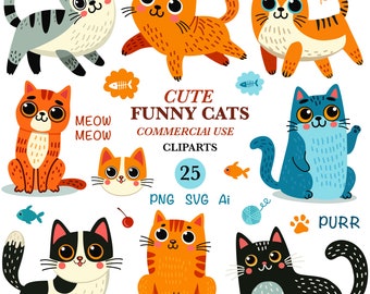 Cute Cats Clipart, Funny Cat Drawings, Children's Graphic Illustrations (PNG, SVG, AI)