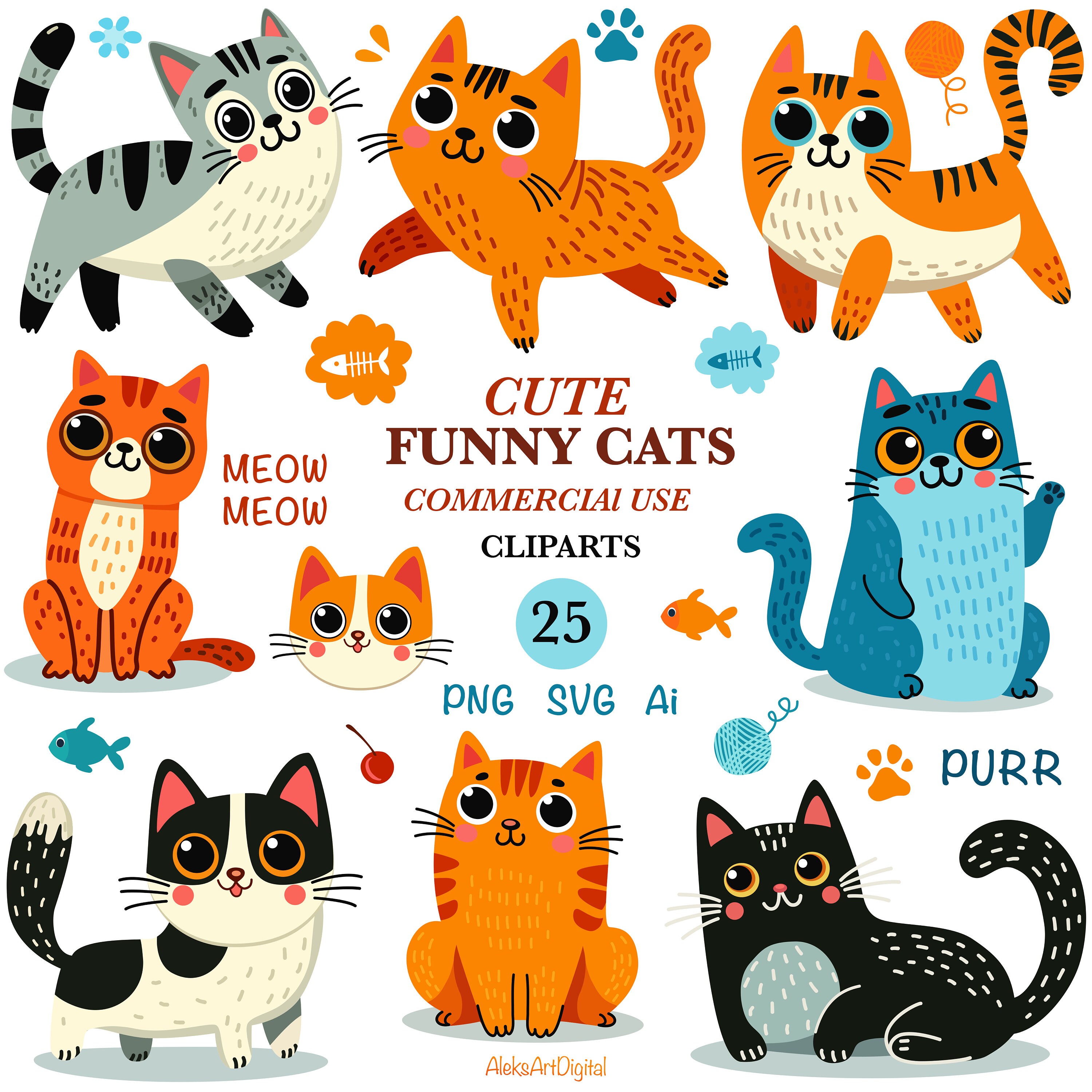 Cute cats 25 images clipart SVG, bundle of funny cat drawings printable PNG, children's graphic illustrations vector set
