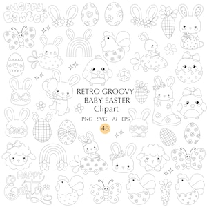 Doodle contour rétro groove bébé Pâques clipart 48 SVG mignons lapins de printemps agneau PNG poussins oeufs papillon vecteur d'empreinte digitale page à colorier