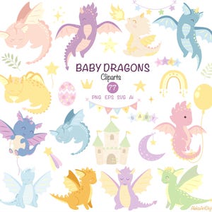 Baby Drachen SVG Clipart 77 Vektor-Grafik in sanften Pastellfarben. Geburtstags Bundle von niedlichen Drachen PNG. Burg, Eier, Dekoration