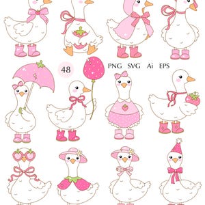 May include: A set of 12 digital illustrations featuring cute cartoon geese wearing various outfits and accessories. The geese are white with pink accents and are holding items like strawberries, umbrellas, and balloons. The text "48" and "PNG SVG Ai EPS" are also included in the image.