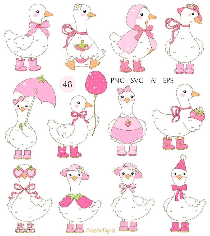 May include: A set of 12 digital illustrations featuring cute cartoon geese wearing various outfits and accessories. The geese are white with pink accents and are holding items like strawberries, umbrellas, and balloons. The text "48" and "PNG SVG Ai EPS" are also included in the image.