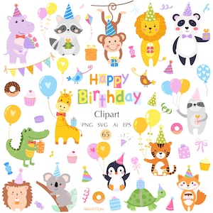 Geburtstag Tiere Clipart 65 SVG Niedlich Urlaub Baby Safari Tiere für Geburtstagsfeier PNG Helle und Spaß Tierkunst Baby Dschungeltiere
