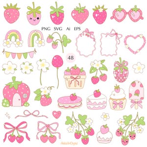 May include: A set of 48 pink and green strawberry themed digital clipart illustrations. The illustrations include strawberries, flowers, bows, hearts, rainbows, and a strawberry house. The text "PNG SVG Ai EPS" and "48" are also included in the image.