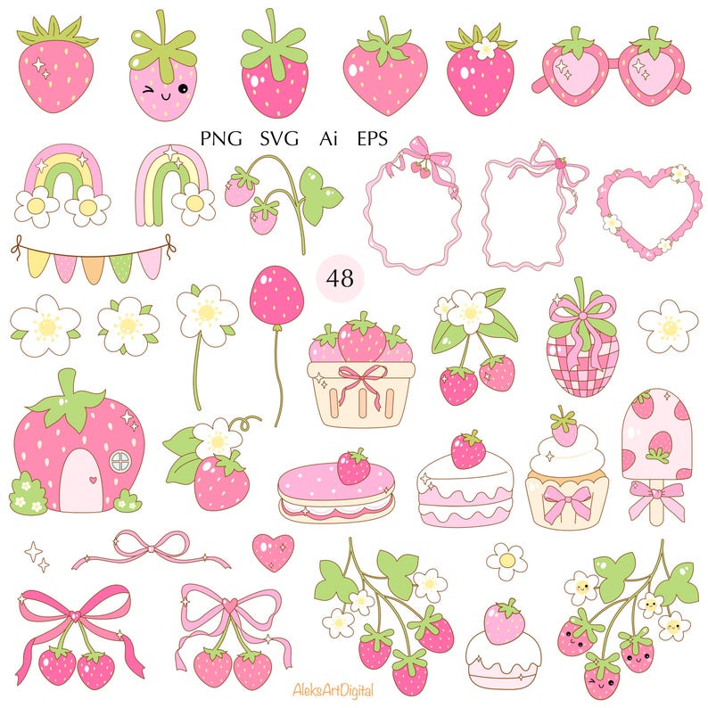 May include: A set of 48 pink and green strawberry themed digital clipart illustrations. The illustrations include strawberries, flowers, bows, hearts, rainbows, and a strawberry house. The text "PNG SVG Ai EPS" and "48" are also included in the image.