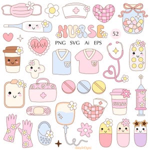 May include: A set of 52 cute cartoon nurse themed illustrations. The illustrations include a stethoscope, a heart, a thermometer, a bandage, a pill bottle, a coffee cup, a syringe, a first aid kit, a face mask, a nurse's hat, a nurse's uniform, and more. The illustrations are in pink, blue, and yellow colors.