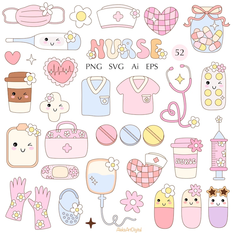 May include: A set of 52 cute cartoon nurse themed illustrations. The illustrations include a stethoscope, a heart, a thermometer, a bandage, a pill bottle, a coffee cup, a syringe, a first aid kit, a face mask, a nurse's hat, a nurse's uniform, and more. The illustrations are in pink, blue, and yellow colors.