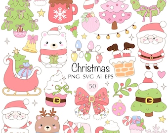 May include: A collection of Christmas-themed illustrations in pastel colors. The image includes a Christmas tree, Santa Claus, a polar bear, a reindeer, a wreath, and other festive elements. The word "Christmas" is written in the center.