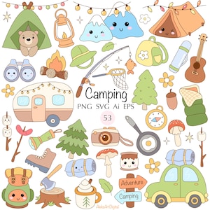 Könnte beinhalten: Eine Sammlung von Camping-Illustrationen im Cartoon-Stil. Enthält ein Zelt, einen Wohnwagen, Berge, eine Gitarre, ein Auto und andere Camping-Utensilien. Das Wort "Camping" steht im Zentrum des Bildes.