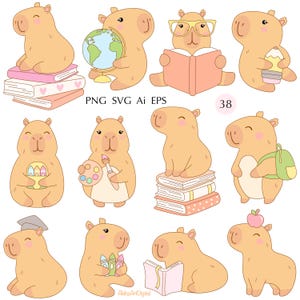 May include: A collection of cartoon capybaras in various poses, some with books, a globe, and art supplies. The capybaras are in shades of tan and peach, with some wearing glasses or carrying a backpack. The image includes the text "PNG SVG Ai EPS" and the number "38".