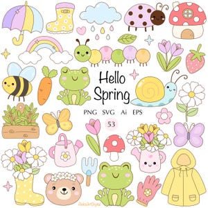 Puede incluir: Colección de ilustraciones con temática primaveral, que incluye un paraguas amarillo, un arcoíris, una abeja, una rana, un caracol y flores. La frase "Hello Spring" está escrita en el centro. Otros elementos incluyen una mariquita, una casa seta y un chubasquero amarillo.