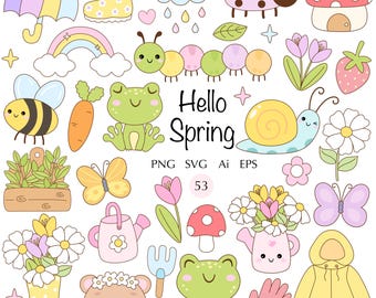 Spring Animals Clipart, Frog, Flowers, Insects (png, svg, ai, eps)