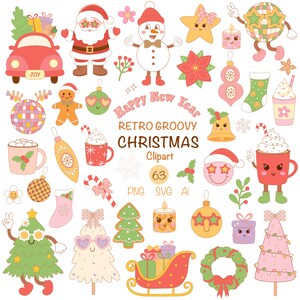 Christmas retro groove SVG clipart, digital bundle of graphic New Year elements PNG in retro 70s style. Hand drawn vector illustration