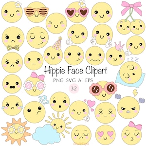 Retro groovy hippie gezichten clipart 32 SVG retro vibes digitale set 60s 70s, groovy hippie jaren 90 nostalgie clipart smiley verschillende emoties