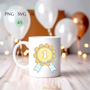 May include: White ceramic mug featuring a cartoon design of a yellow and blue award ribbon with the number 1. The mug has a curved handle and is set against a background of balloons. The text "Father's Day" is at the top.