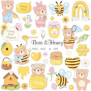 May include: A collection of cute cartoon illustrations featuring bears, bees, honey pots, and flowers. The designs include a bear with a watering can, a bee with a cupcake, and a bear holding a butterfly net. The text "Bear & Honey" is also present.