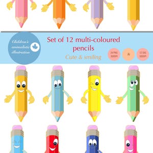 Kleurpotlodenset, stickers voor kinderen, handtekening in png-, ai-indeling. Schattige lachende gezichten potloden met handen SVG clipart