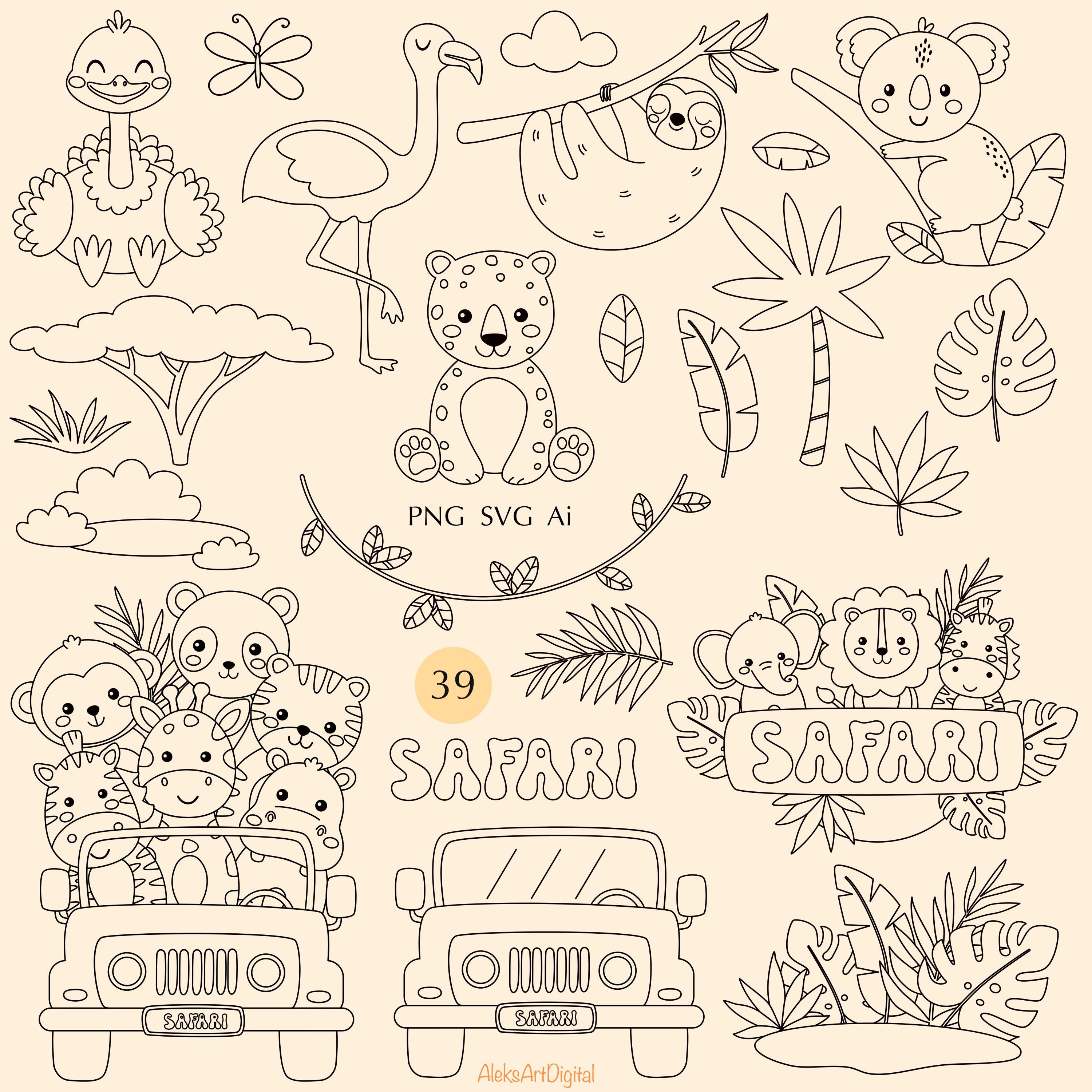 Safari Animals Coloring Pages Clipart Bundle | Jungle Animals Line Art ...
