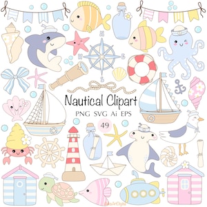 Clipart été nautique 49 SVG bébé mignon PNG Kawaii océan animal plage baby shower pêcheur esthétique pastel créatures de la mer coquillage