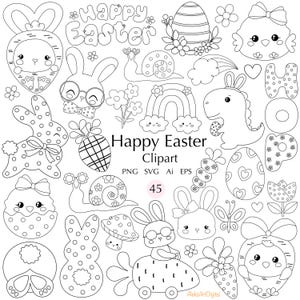 Vrolijk Pasen 45 svg clipart zwarte omtrek set, schattige lente tekenfilm dieren doodle, paasei, retro pasen, paashaas en kuiken
