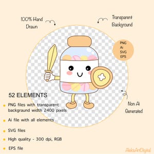 May include: A cartoon illustration of a pill bottle with a cute face, holding a sword and a shield. The bottle is filled with colorful pills. The illustration is in a cartoon style and has a bright color palette.