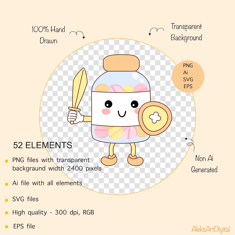May include: A cartoon illustration of a pill bottle with a cute face, holding a sword and a shield. The bottle is filled with colorful pills. The illustration is in a cartoon style and has a bright color palette.