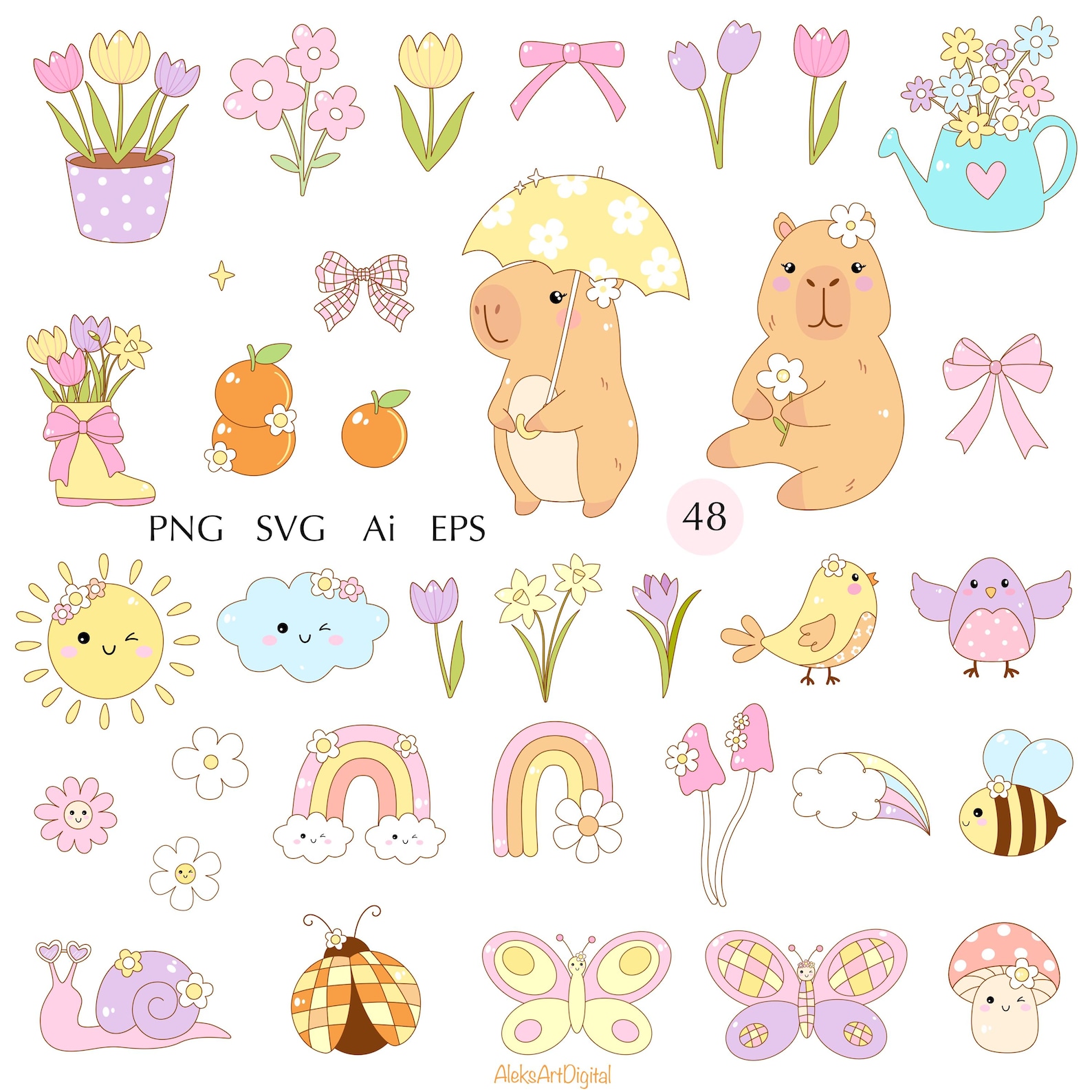 Spring Capybara Printable Pastel Spring Capybara SVG Bundle, Retro Cartoon Clipart (digital ...