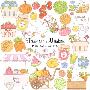 May include: A digital illustration with a farmers market theme. The image includes various fruits, vegetables, and market elements such as pumpkins, strawberries, a duck carrying a bag of carrots, and a cart with the text "Farm fresh".